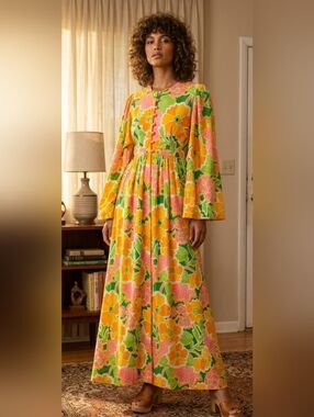 Vintage 70s Sandcastle Psychedelic Floral Maxi Dress Size L (Vintage)